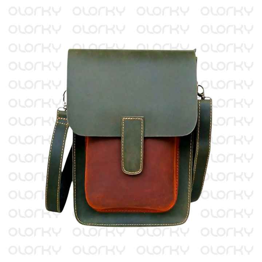 Vintage Leather Crossbody Bag - Olive Green/Tan