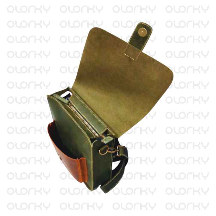 Vintage Leather Crossbody Bag - Olive Green/Tan