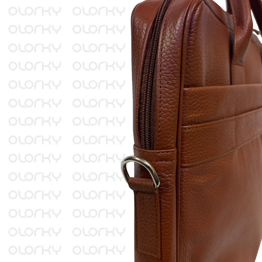 Stripped Leather Laptop Bag - Tan/White