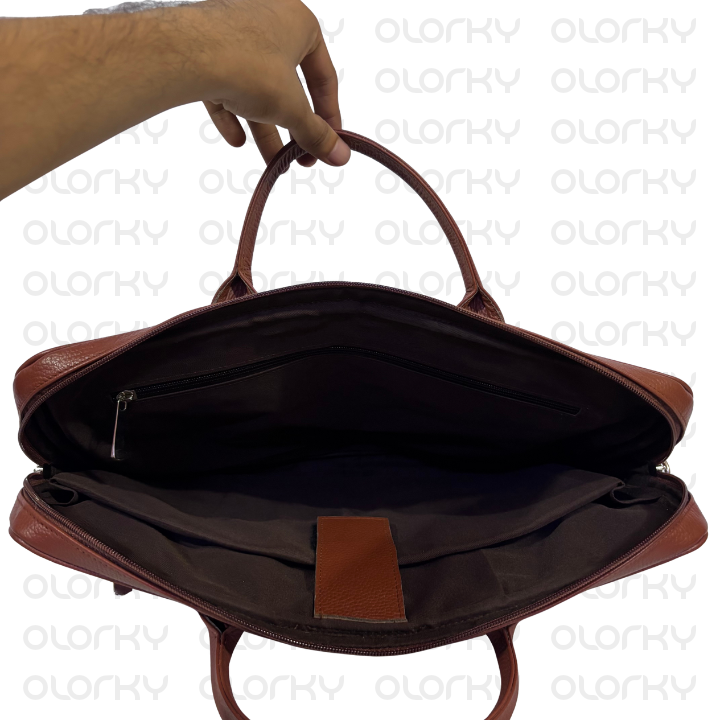 Stripped Leather Laptop Bag - Tan/White