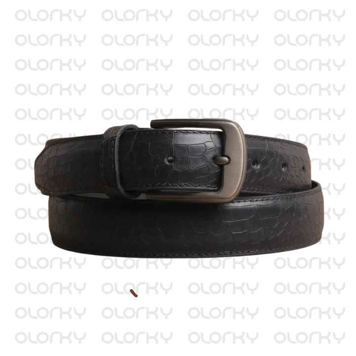 Crocodile Textured Leather Belt - Black
