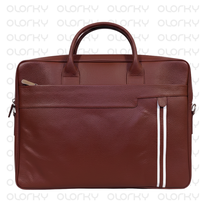 Stripped Leather Laptop Bag - Tan/White