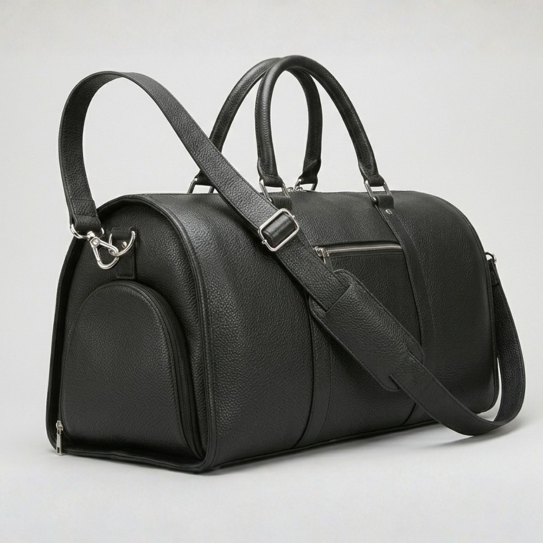 Black Leather Travel Duffle Bag