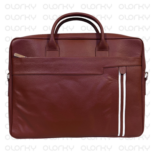 Stripped Leather Laptop Bag - Tan/White