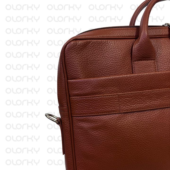 Stripped Leather Laptop Bag - Tan/White