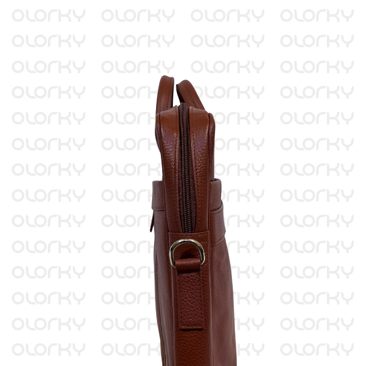 Stripped Leather Laptop Bag - Tan/White