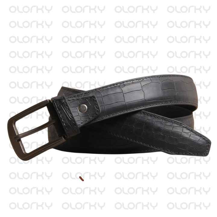Crocodile Textured Leather Belt - Black